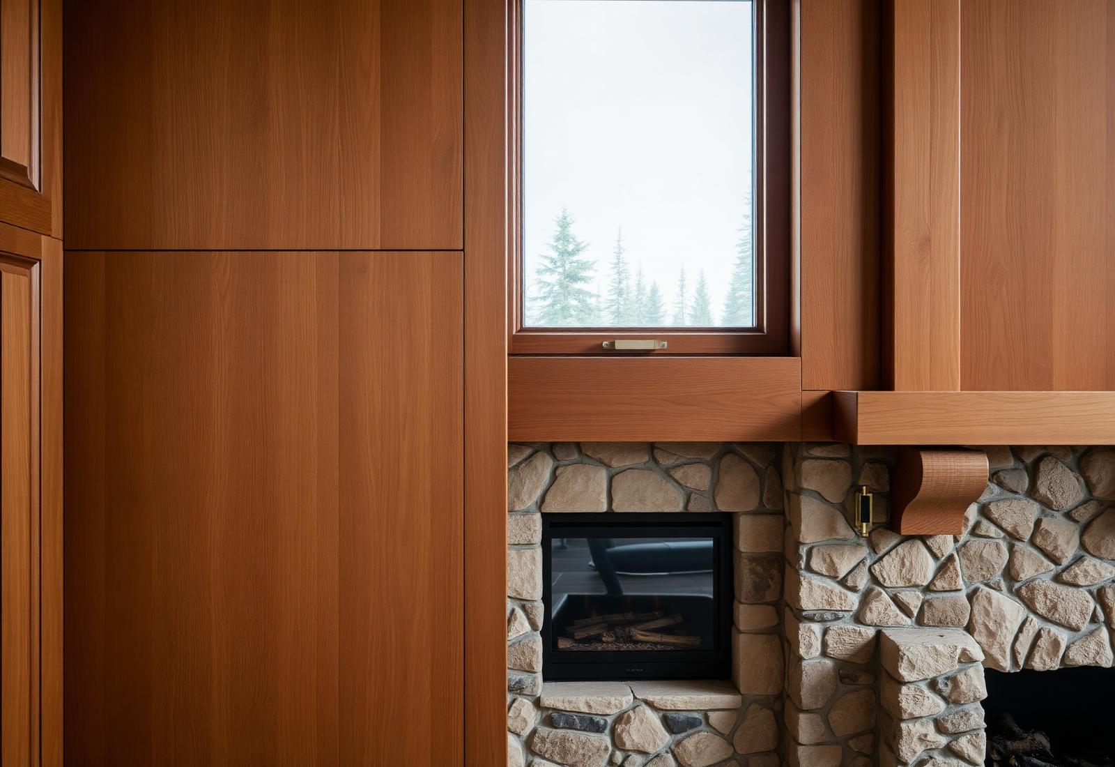 Detail of wood craftsmanship and stone fireplace