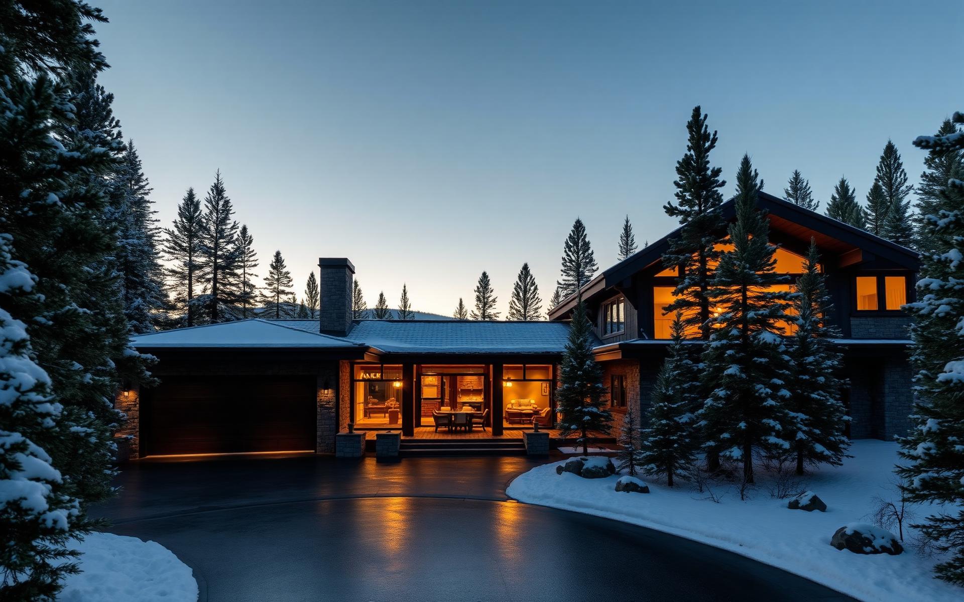 Modern mountain estate at dusk, warm interior lights, snow-dusted pines